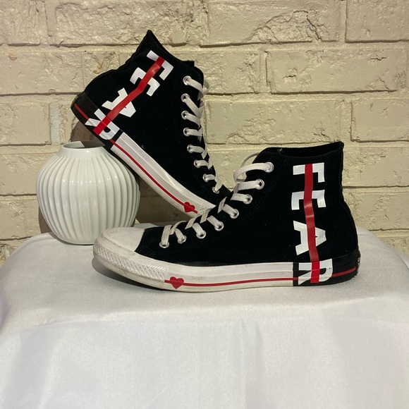 Fear Love Converse Black and Red High-Top Sneakers - Picture 1 of 8